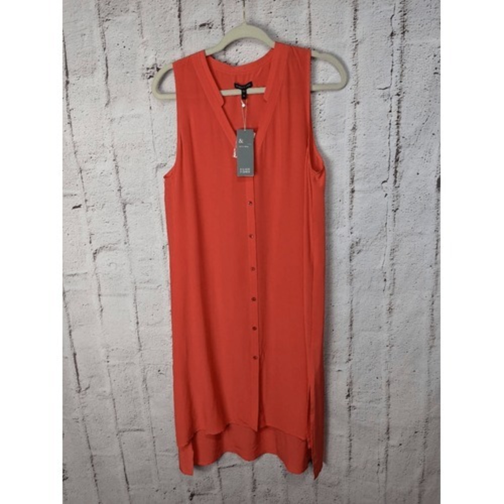 Eileen Fisher Sleeveless Button Down Dress Coral Hi Low Sz M Medium NWT Silk Cor